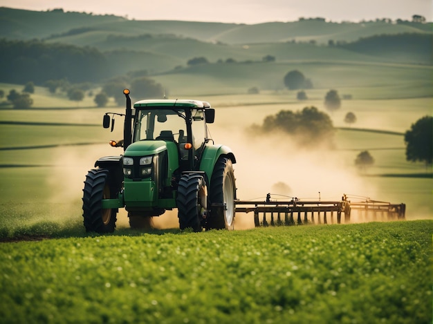 Ouvrier agricole conduisant un tracteur pulvérisant un pré vert