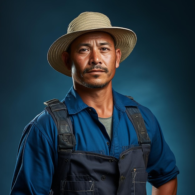 Un ouvrier agricole diligent sur un fond bleu solide