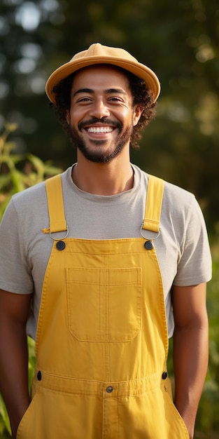 Un ouvrier agricole diligent sur un fond bleu solide