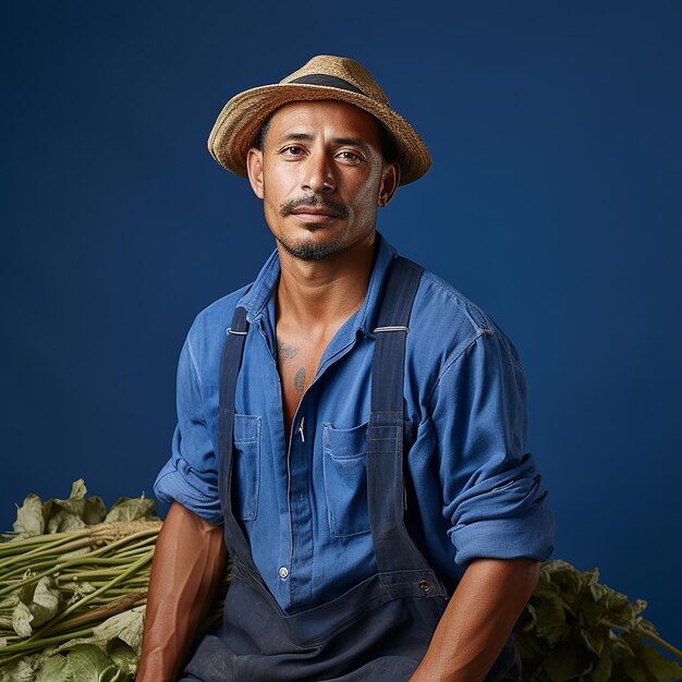 Un ouvrier agricole diligent sur un fond bleu solide