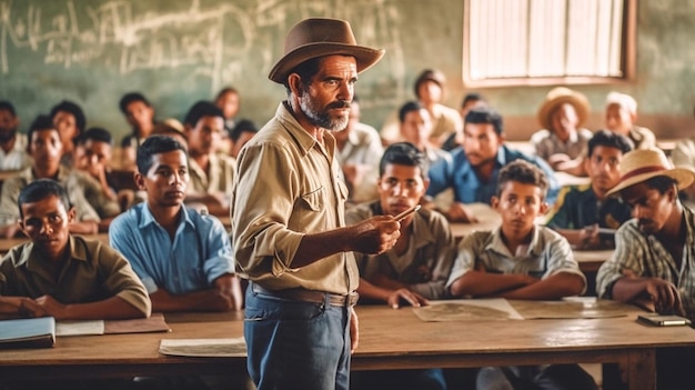 Ouvrier agricole enseignant à des adolescents