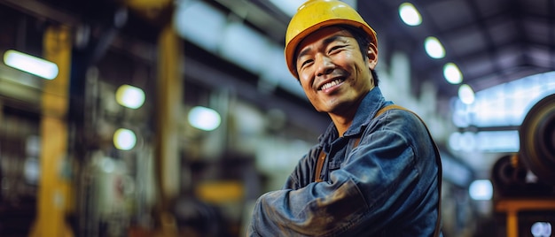 Un ouvrier asiatique avec un casque de travail sourit alors qu'il travaille sur le chantier de construction