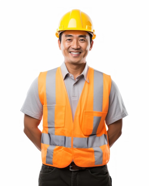 Un ouvrier asiatique souriant portant un casque de gilet de protection orange sur un fond blanc isolé