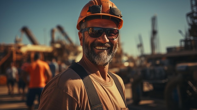 Photo ouvrier barbu avec un chapeau dur dans le bâtiment industriel