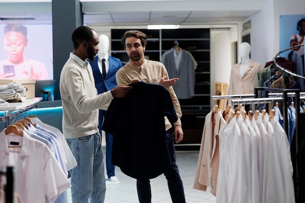 Un ouvrier de boutique qui aide un client.