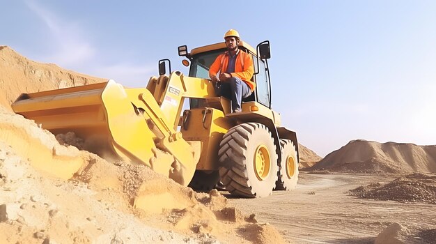 Un ouvrier avec un bulldozer dans une carrière de sable