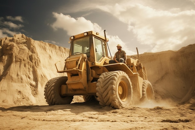 ouvrier avec un bulldozer dans une carrière de sable