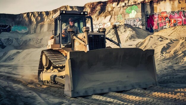 Un ouvrier avec un bulldozer dans une carrière de sable