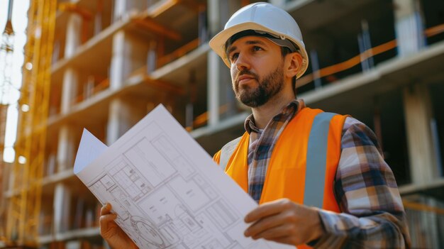 Un ouvrier avec un casque examine le plan sur le chantier AIG41