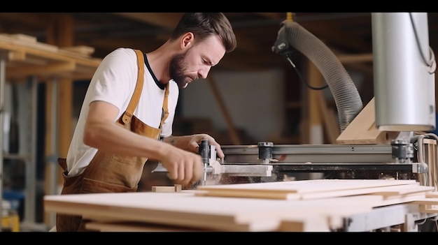 Ouvrier charpentier utilisant une machine de découpe de bois CNC dans une entreprise de menuiserie