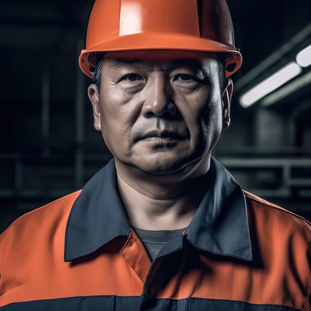 Ouvrier chinois avec tenue orange en usine