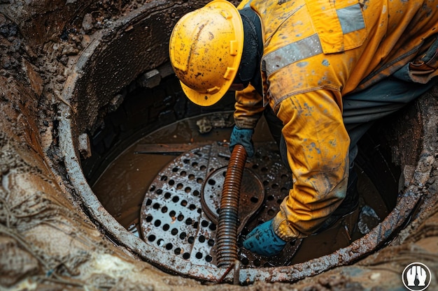 Photo un ouvrier en combinaison et un casque pompe un liquide sale d'un puits de drainage