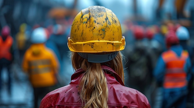 Un ouvrier de la construction avec un casque jaune lors d'une assemblée de travailleurs