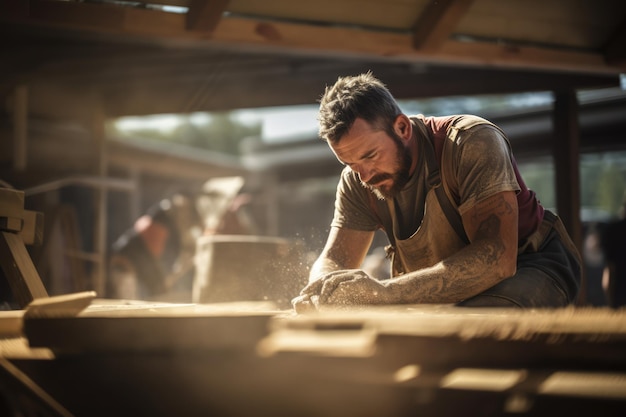 Un ouvrier de la construction caucasien travaillant dans une usine créée à l'aide de la technologie de l'IA générative