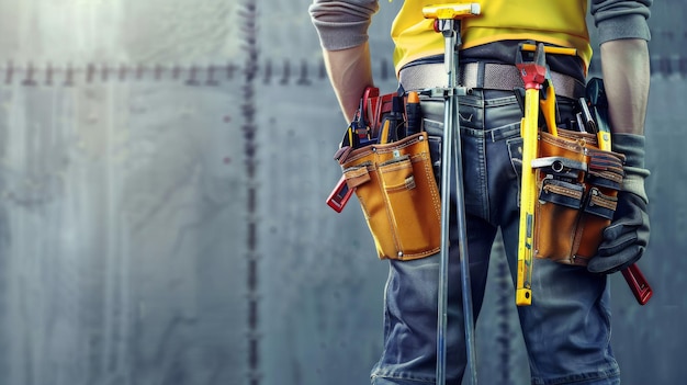 ouvrier de la construction avec ceinture d'outils sur gris avec espace de copie