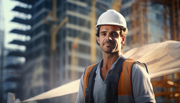 Un ouvrier de la construction devant un bâtiment portant un chapeau dur
