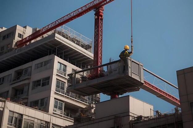 un ouvrier de la construction est sur une grue avec un bâtiment en arrière-plan