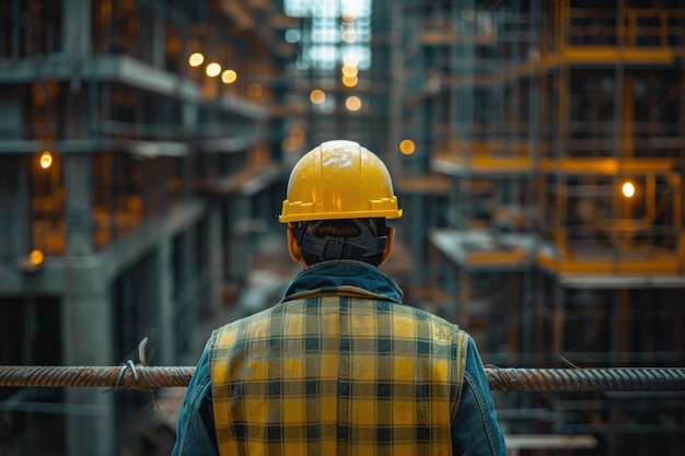 Un ouvrier de la construction examine le chantier avec un casque