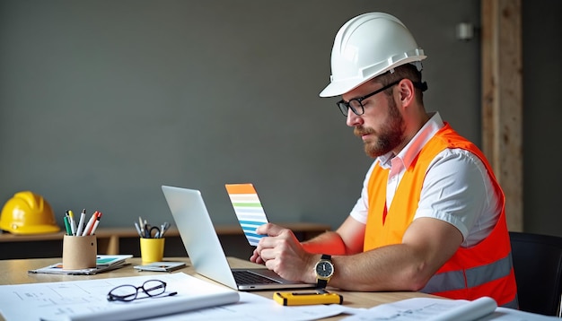 Un ouvrier de la construction examine les plans du projet sur son ordinateur portable pendant une journée de travail au bureau