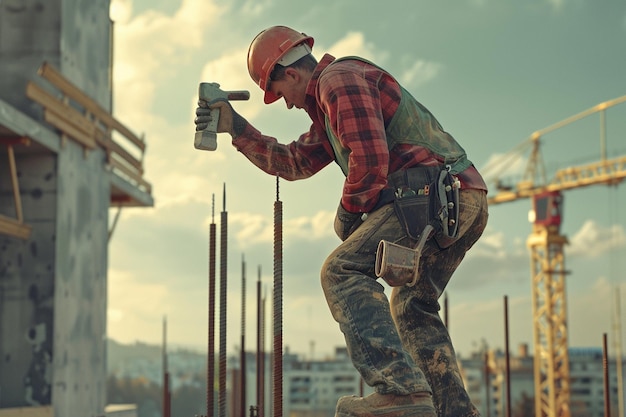 Photo un ouvrier de la construction frappe des clous sur un bâtiment.