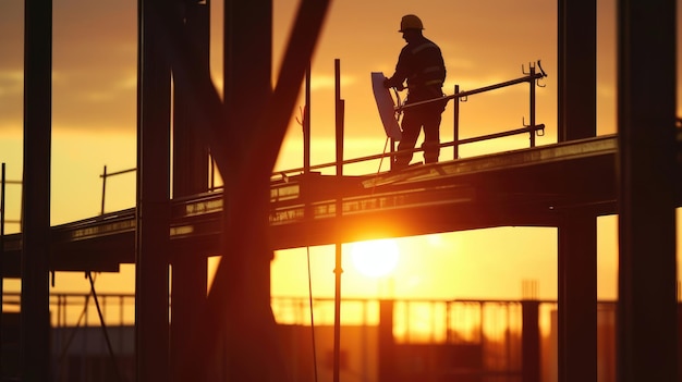 Un ouvrier de la construction inspecte des plans à l'aube.