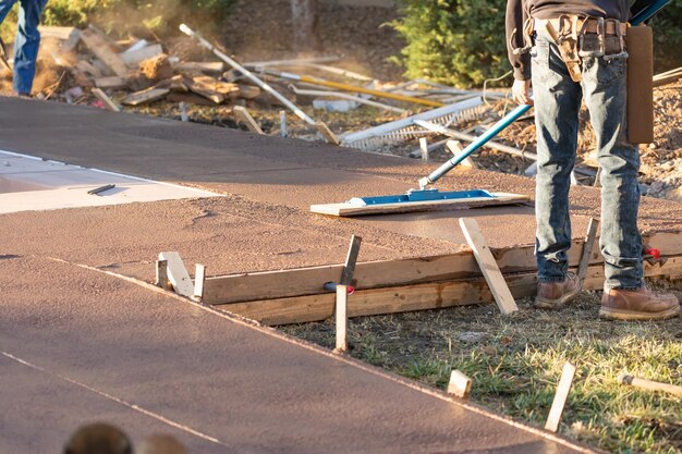 Un ouvrier de la construction lisse le ciment mouillé avec un outil à trousseau