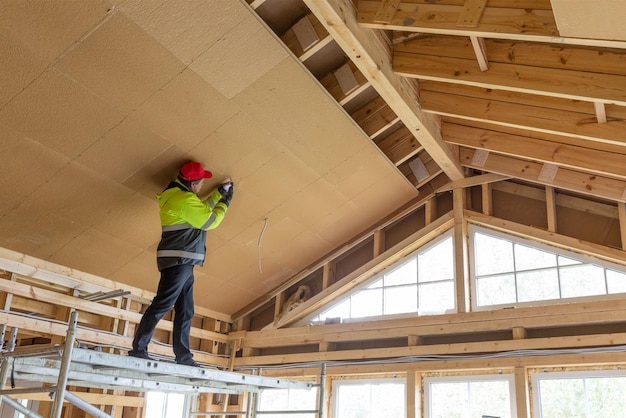 Ouvrier de la construction maison à ossature en bois éco isolant thermiquement