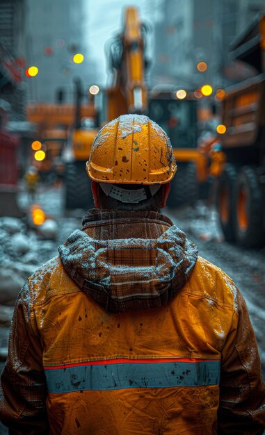 Un ouvrier de la construction marche dans la rue avec des machines lourdes en arrière-plan