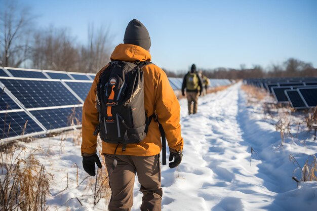 Un ouvrier de la construction marche à travers un champ ensoleillé avec des panneaux solaires couverts de neige