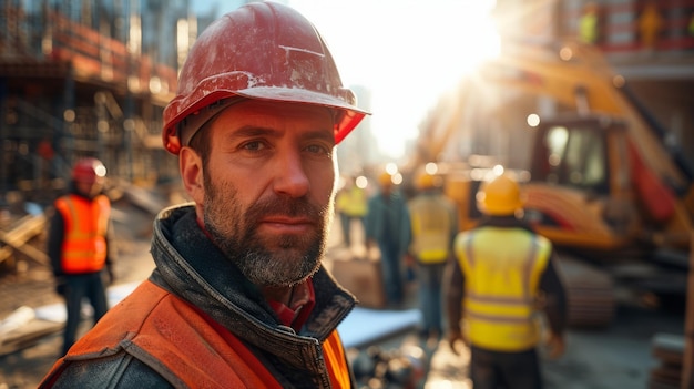 Un ouvrier de la construction portant un casque sur le chantier