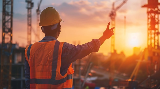 Un ouvrier de la construction portant un casque et un gilet de sécurité au coucher du soleil