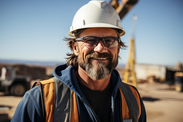 Un ouvrier de la construction portant un chapeau et des lunettes