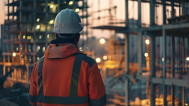 Un ouvrier de la construction portant un chapeau de protection et un gilet de sécurité regardant l'avancement d'un projet de construction au coucher du soleil