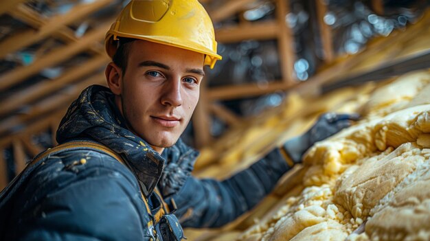 Un ouvrier de la construction portant un chapeau de protection regarde vers le haut