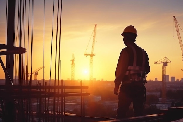 un ouvrier de la construction se tient sur un chantier au coucher du soleil