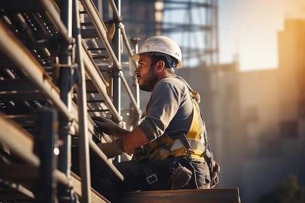 Photo un ouvrier de la construction se tient courageusement sur le mur non sécurisé