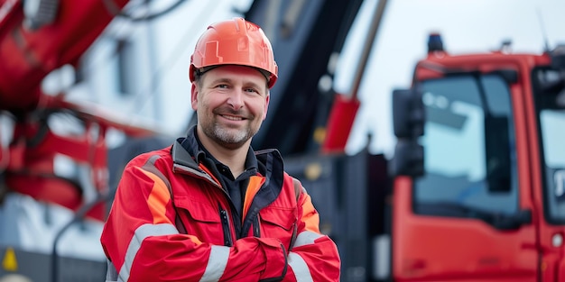 Un ouvrier de la construction souriant avec un casque devant la machinerie, un concept de sécurité et de travail acharné, une tenue professionnelle et une attitude joyeuse sur le chantier.