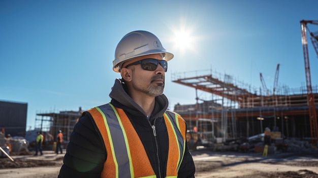 Un ouvrier de la construction souriant portant un chapeau rigide et un gilet réfléchissant se tient avec confiance sur un chantier de construction