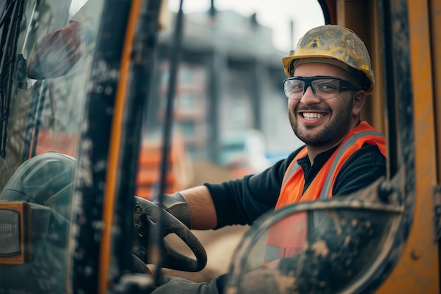 Un ouvrier de la construction souriant tout en utilisant des machines lourdes pour déplacer des matériaux sur le chantier de construction montrant son habileté et son efficacité