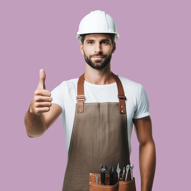 Photo un ouvrier de la construction en tablier montrant le pouce en l'air, un geste souriant, isolé.