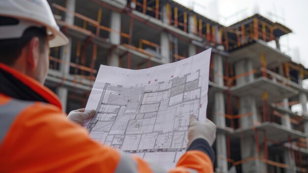 Photo un ouvrier de la construction tenant un plan du site avec le modèle architectural p à côté de lui