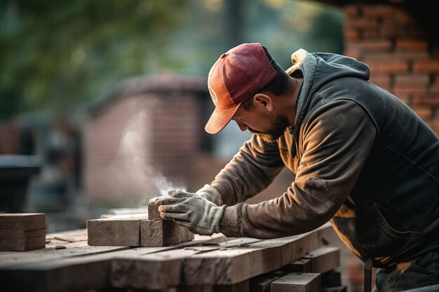 un ouvrier de la construction en train de construire un mur en briques