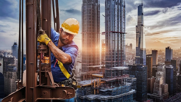 un ouvrier de la construction travaille sur un bâtiment avec une grue de construction en arrière-plan