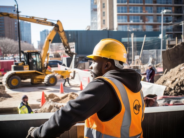 Photo un ouvrier de la construction travaille dur sur un chantier occupé.