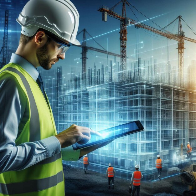 Photo un ouvrier de la construction travaille sur une tablette avec des ouvriers de la construction en arrière-plan