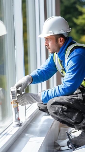 Photo ouvrier de la construction utilisant du scellant en silicone pour sceller le cadre extérieur de la fenêtre