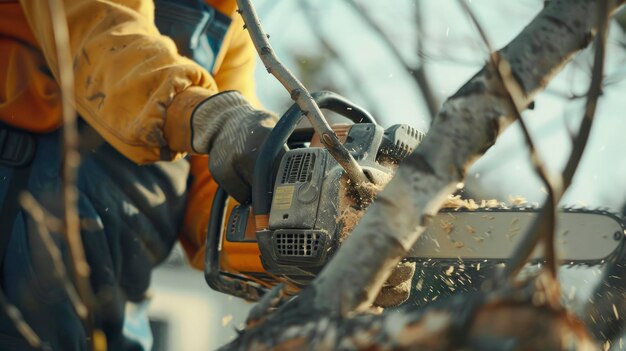 Un ouvrier de la construction utilise une tronçonneuse à essence portable pour tailler les arbres avec précision.