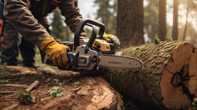 Photo un ouvrier coupe des arbres à l'aide d'une tronçonneuse électrique