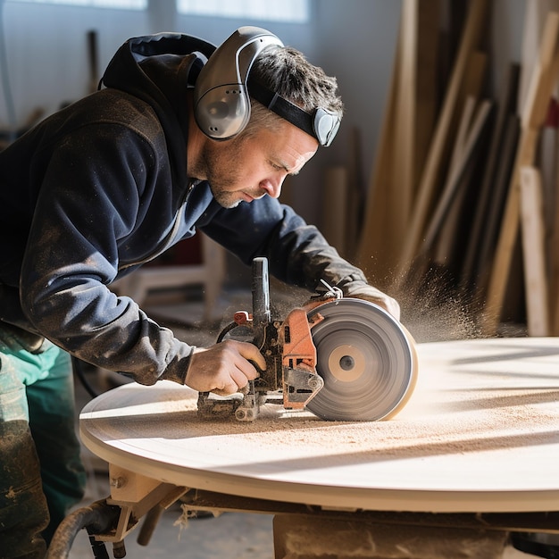 Un ouvrier coupe une planche à bois avec une scie circulaire