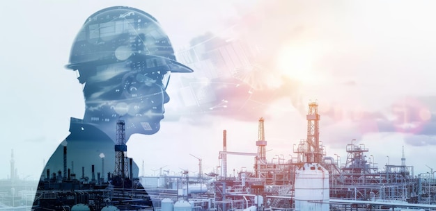 Un ouvrier dans un casque recouvert d'images de l'industrie pétrolière et gazière Travail industriel Equipement de sécurité Image de production énergétique